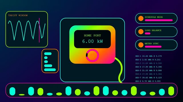 a charging infrastructure display showing power consumption statistics with fluctuating sine wave graphs and glowing neon interface elements on a dark digital monitor for energy management