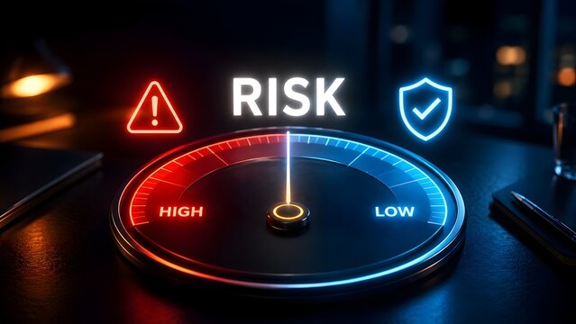 Digital risk meter gauge on desk measuring high and low business exposure and security levels