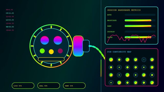 Innovative charging infrastructure monitoring interface displaying real time data streams through geometric progress bars and glowing circle nodes on a dark digital display grid for systems