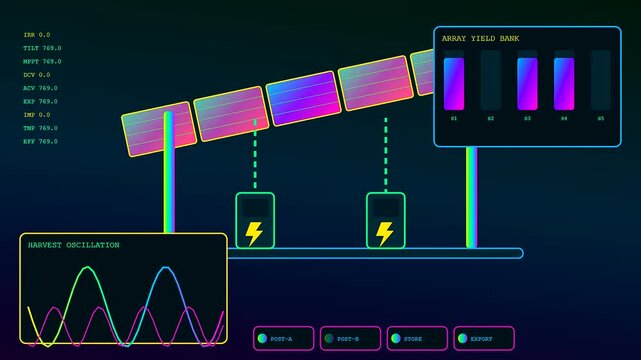 Digital displays showing charging infrastructure with fluctuating wave forms and rising bar graphs depicted in a vibrant neon aesthetic for advanced sustainable energy management system monitoring