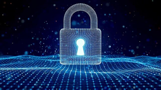 Digital padlock mesh glows over a blue data network representing cybersecurity.