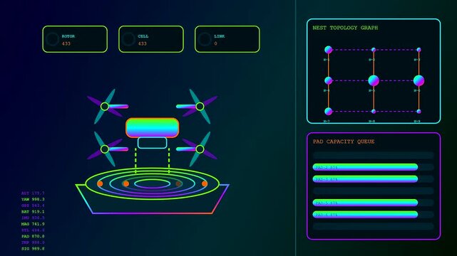 A digital interface showcasing charging infrastructure and autonomous aerial vehicle flight data telemetry displayed on dark monitor panels with glowing geometric charts and animated progress bars
