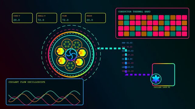A complex charging infrastructure monitoring system visualizes energy flow across multiple digital screens using colorful glowing data points and wave forms for technical asset management
