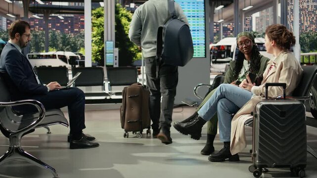 Relaxed tourists sit on a bus station bench using phones and chatting during a delay, while an upbeat traveler talks with a friend and checks route details on a device in the shuttle station.