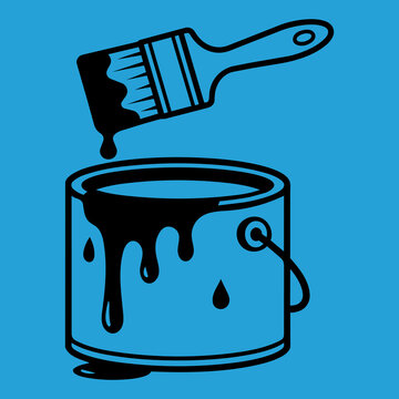 Paint can with paintbrush and dripping paint is a black and blue line illustration paintcan