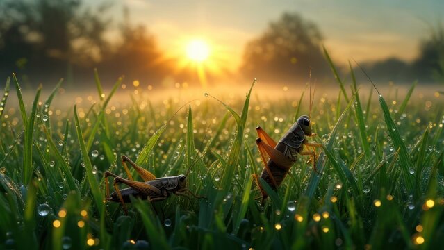 Grassy meadow at sunrise with grasshoppers
