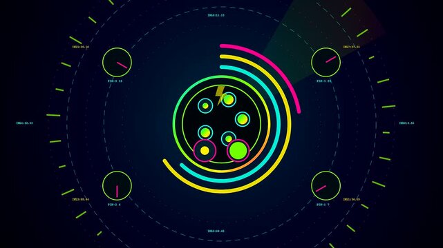 Digital displays showcasing charging infrastructure with illuminated neon icons rotating in circular patterns against dark void surroundings during a rhythmic electronic stream of data processing flow