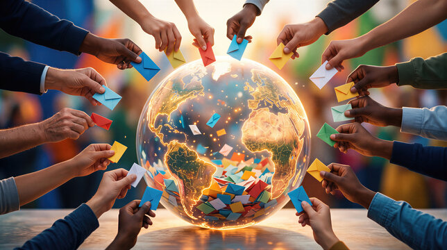Diverse hands placing colorful ballots around a glowing globe. Global participation, equal voice, civic engagement, and democracy concept for International Day of Democracy.