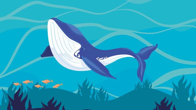 Cute blue whale swimming underwater in ocean vector illustration flat design