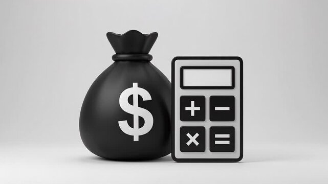 Money bag with a dollar sign stands next to a calculator icon.