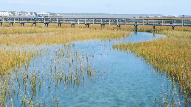 Flowing salt water tidal creek at a very high tide with marsh grass, and a dock boardwalk, 4k.