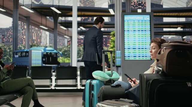 Woman checking text messages on smartphone in bus terminal