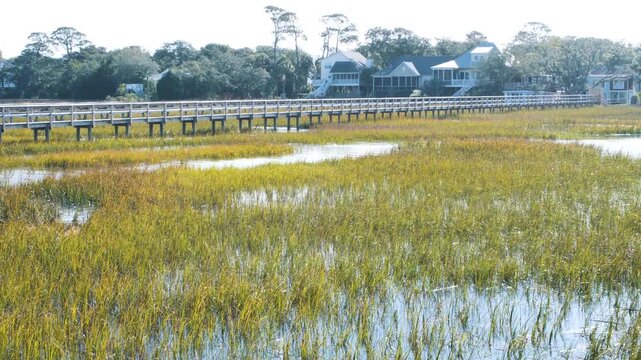 Flowing salt water tidal creek at a very high tide with marsh grass, a dock boardwalk and houses in the background, 4k.