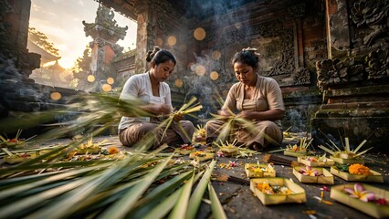 Fototapeta premium Two Balinese women weaving traditional Canang Sari offerings with palm leaves and flowers sitting on the floor of a Hindu temple in Bali surrounded by incense smoke