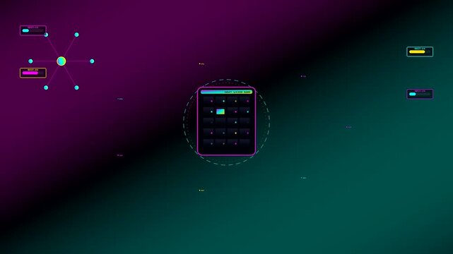 A digital parcel locker interface displaying inventory items on a dark purple screen with glowing nodes and abstract data connection lines during a virtual process
