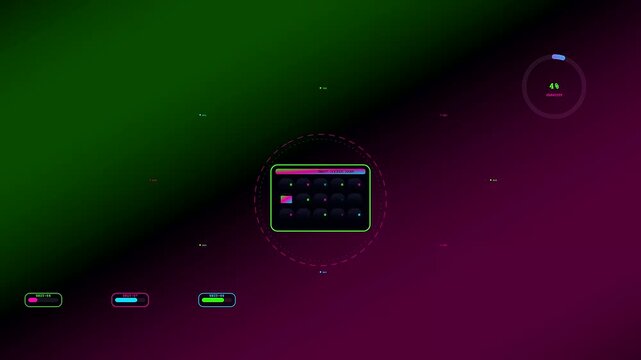 A digital parcel locker interface shows a sequence of progress bars and circular loading indicators set against a dark gradient backdrop with vibrant neon accent lights