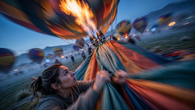 Dynamic action shot of a Caucasian female hot air balloon pilot holding the colorful fabric as the burner fires up during the inflation process at dawn with motion blur