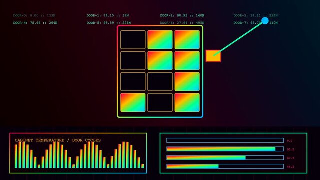 A digital parcel locker status interface displays real time sensor data with illuminated glowing grid panels showing storage occupancy metrics across a dark futuristic monitoring screen