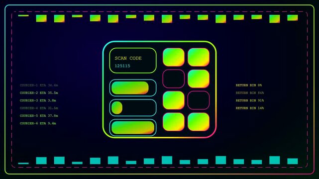 A digital parcel locker interface displays dynamic data updates with glowing screen indicators and rapid changing scan codes in a modern monitor grid layout design view