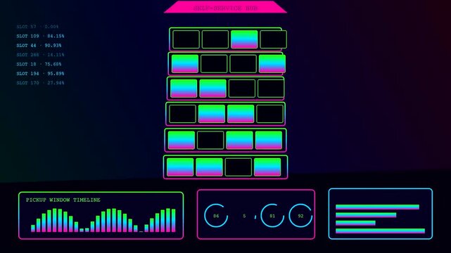A neon glowing parcel locker interface displays real time inventory data across multiple screens reflecting complex logistics monitoring and automated system operations within a digital environment