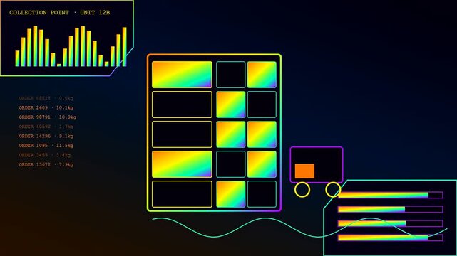 Digital parcel locker system interface shows logistics tracking automation as a small autonomous robot maneuvers alongside graphical displays of order delivery status and weight measurements