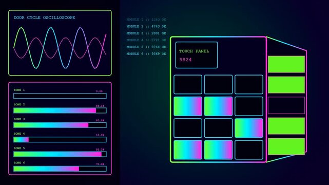 a glowing digital parcel locker interface features blinking status indicators and rhythmic light wave patterns while changing data values reflect continuous automated system processing and monitoring