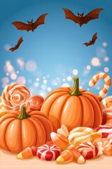 Fototapeta premium Pumpkins candy bats Halloween festive composition with warm colors and bokeh background