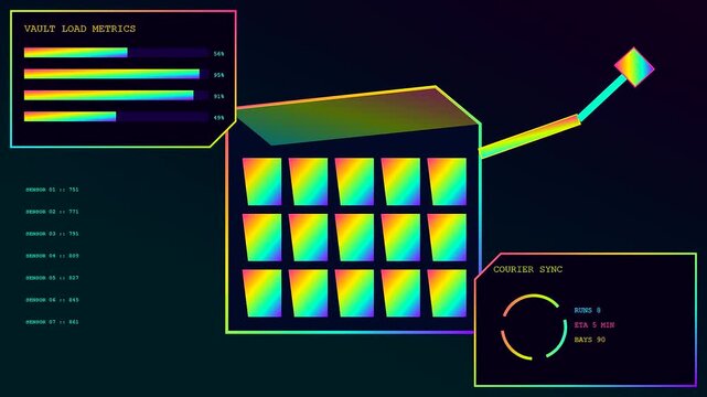 A digital parcel locker interface displays automated tracking bars and courier synchronization metrics in a dark virtual environment with colorful glowing grid nodes and animations