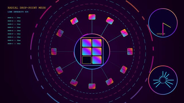 A parcel locker interface graphic showing dynamic network nodes with glowing neon circles and a central square grid displaying active data connections for digital status monitoring