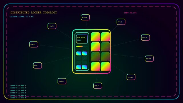 A digital parcel locker interface displays shifting network connectivity status while neon nodes pulse with evolving data streams across three distinct analytical portal screens in darkness