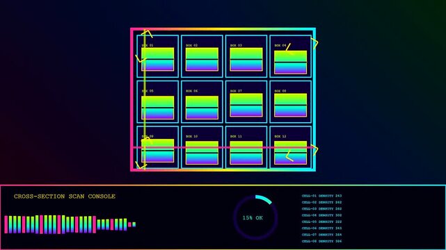 A digital parcel locker grid appears on screen showing scanned storage units with fluctuating data streams as progress indicators change color in this software interface visualization