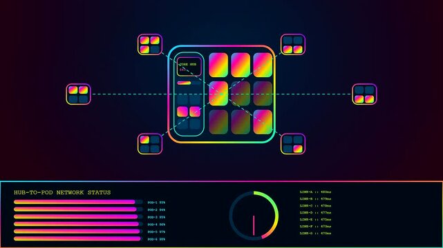 A digital parcel locker status interface displays animated data flow analytics with glowing neon nodes and vibrant progress bars across a dark atmospheric workspace environment