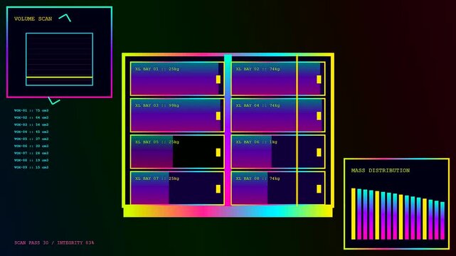 A digital parcel locker interface shows changing data as bars and lines illuminate screens during an automated scan sequence in a dark electronic observation environment