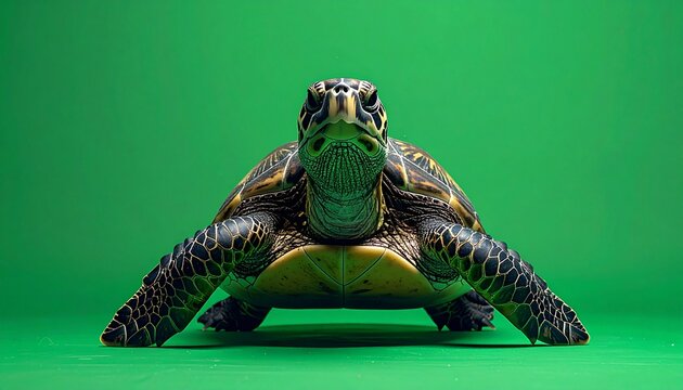 Majestic Sea Turtle Portrait Against a Vibrant Green Backdrop.