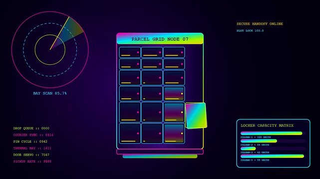 A digital parcel locker system displays animated data nodes and glowing grid metrics in a simulated user interface designed for modern automated package delivery systems