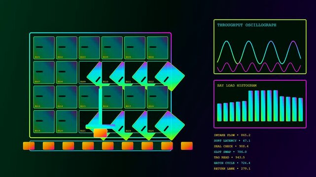 A digital parcel locker interface displays automated storage rack movement with fluctuating wave graphs and bar charts showing logistical flow cycles across three sequential visual frames