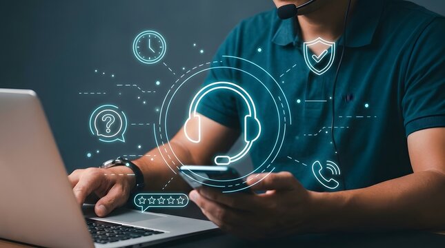 Customer support and helpline concept featuring service operator using laptop and smartphone with digital headset interface customer operator smartphone communication