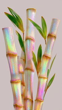 Bamboo stems and green leaves stand against a plain background