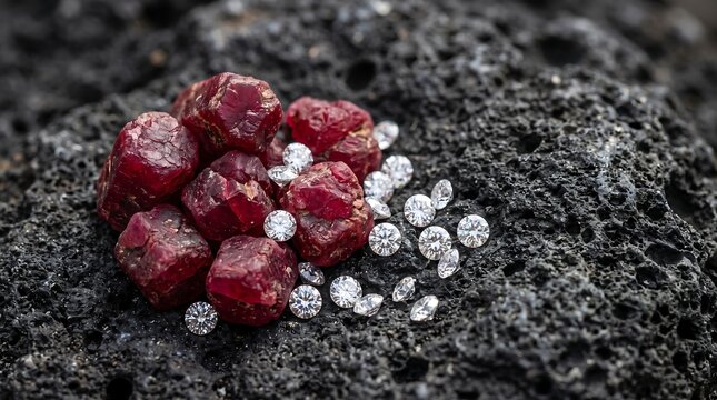 Raw Rough Red Rubies and Cut Diamonds on Dark Volcanic Rock