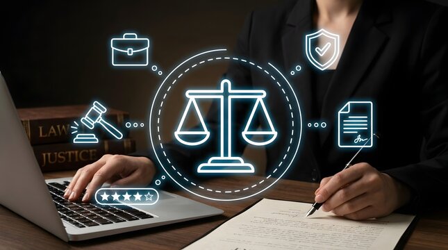 Lawyer typing on laptop and writing in legal document at wooden desk with digital law and justice scale hologram symbols attorney document contract business hologram