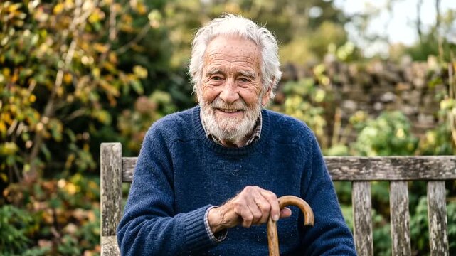 Very old man portrait with emotions. Grandfather is smiling and looking to camera. Portrait aged, elderly, senior. Close-up of old man sitting alone outdo