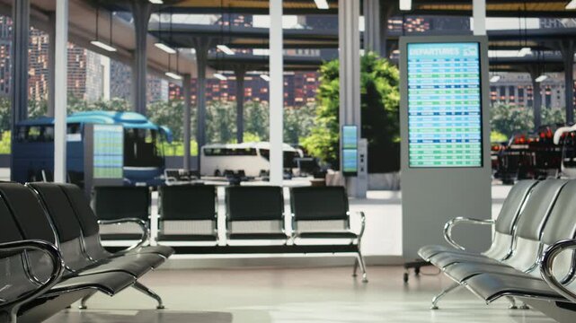 Empty coach terminal seats face a digital departure board showing available routes, with a transit waiting area where passengers check urban travel information before coach departures and connections.