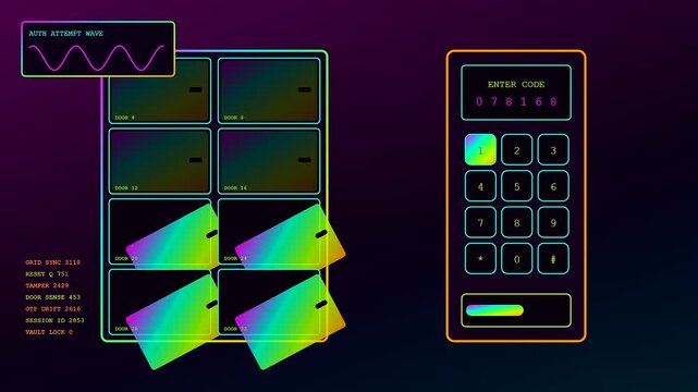 A digital parcel locker interface featuring glowing numeric input pads and biometric access scan validation sequences presented within a vibrant neon ultraviolet aesthetic motion graphics composition