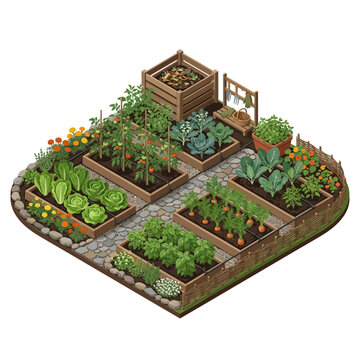 Isometric Vegetable Garden, Raised Beds, Organic Farming, Fresh Produce