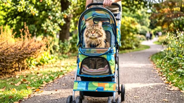 Pet owner pushing a stroller with a long-haired cat on a scenic trail surrounded by fall foliage.