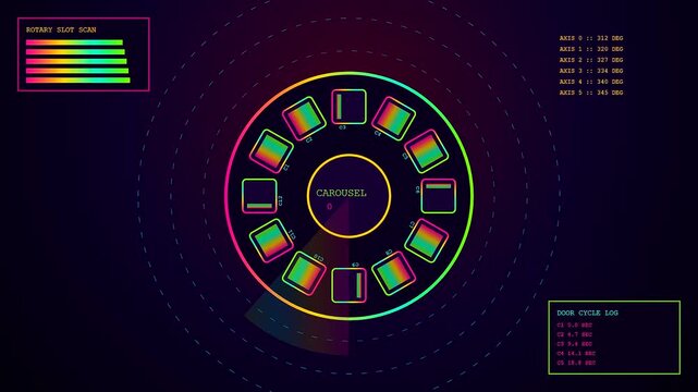 A circular parcel locker dashboard interface displays rotating storage status updates with glowing neon graphical user interface elements moving in a seamless loop for logistics monitoring