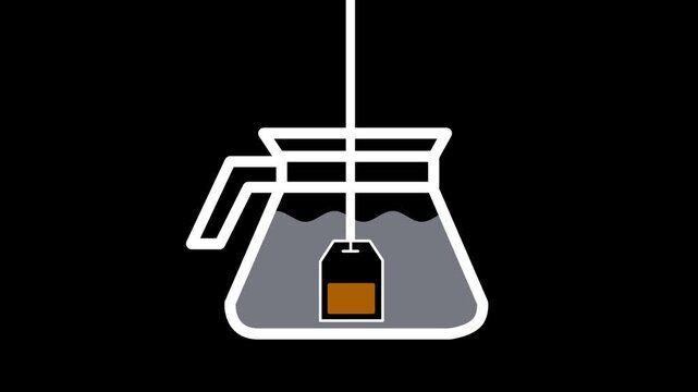 Animated line icon of brewing tea in a glass pot. Water pours in and a teabag steeps on a black background. Great for cafe menus.