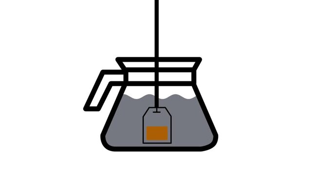 Animated line icon of brewing tea in a glass pot. Water pours in and a teabag steeps on a white background. Perfect for cafes.