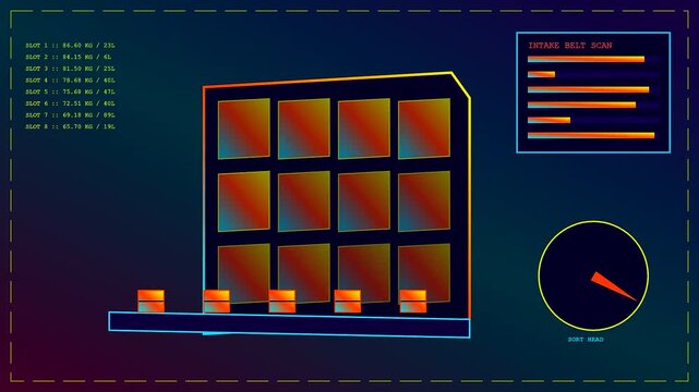 Automated parcel locker interface displaying digital scan data within a glowing neon grid layout that monitors shipping status updates for efficient global freight logistics management systems