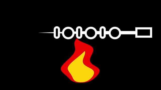 Animated icon of a meat skewer or kebab roasting over a hot flame on a black background. Great for BBQ and grilling themes.
